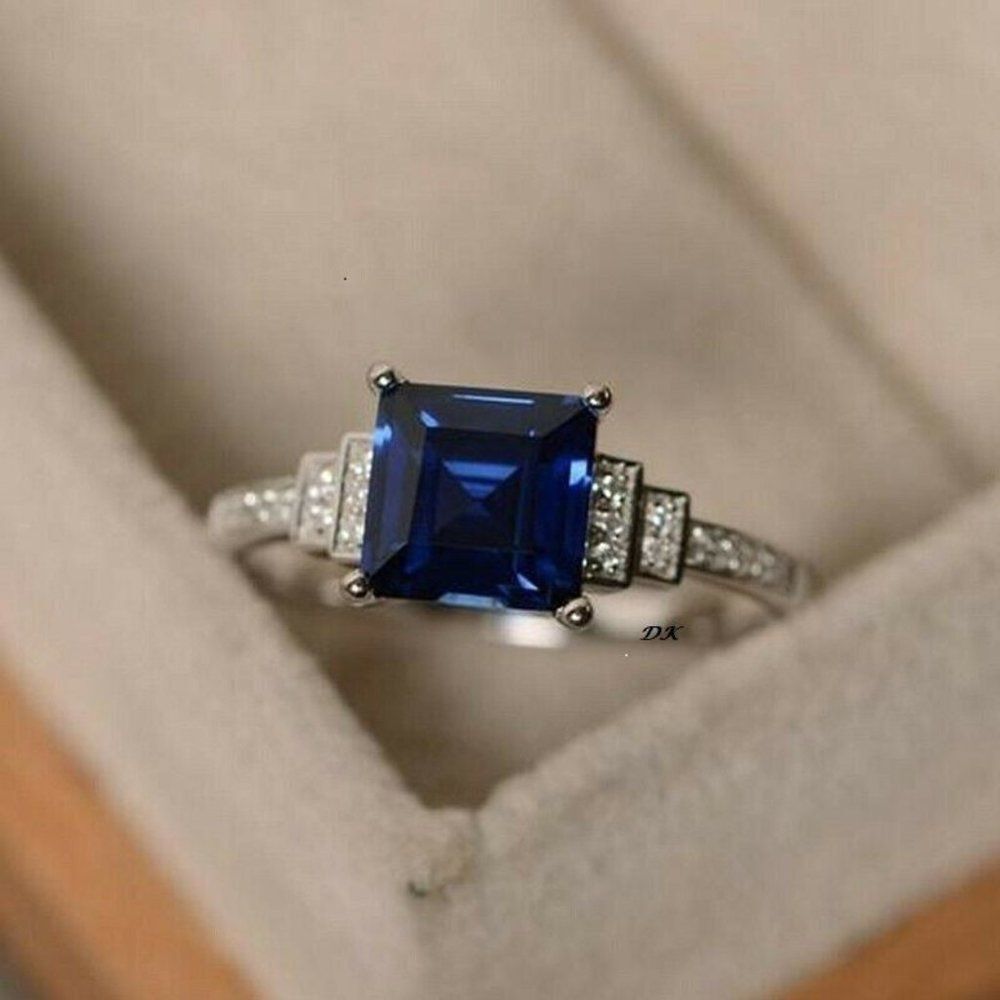 925 PRINCESS CUT BLUE SAPPHIRE ENGAGMENT RING - Picture 2 of 4